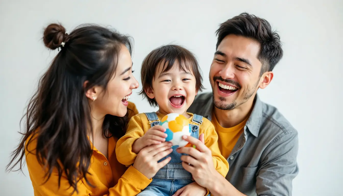 A happy family of three holds a colorful ball.