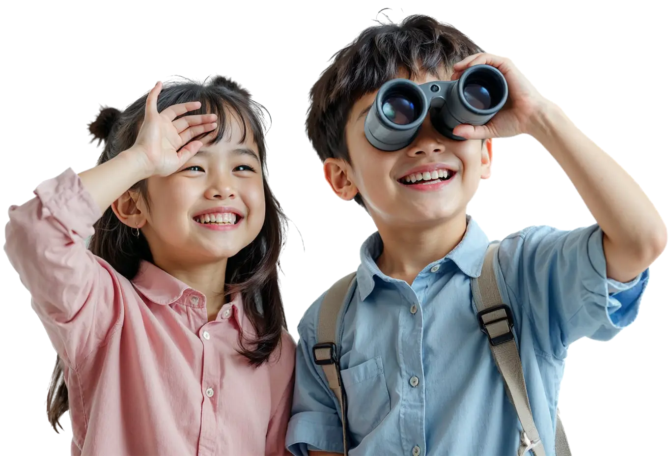 Two young children in pastel shirts.